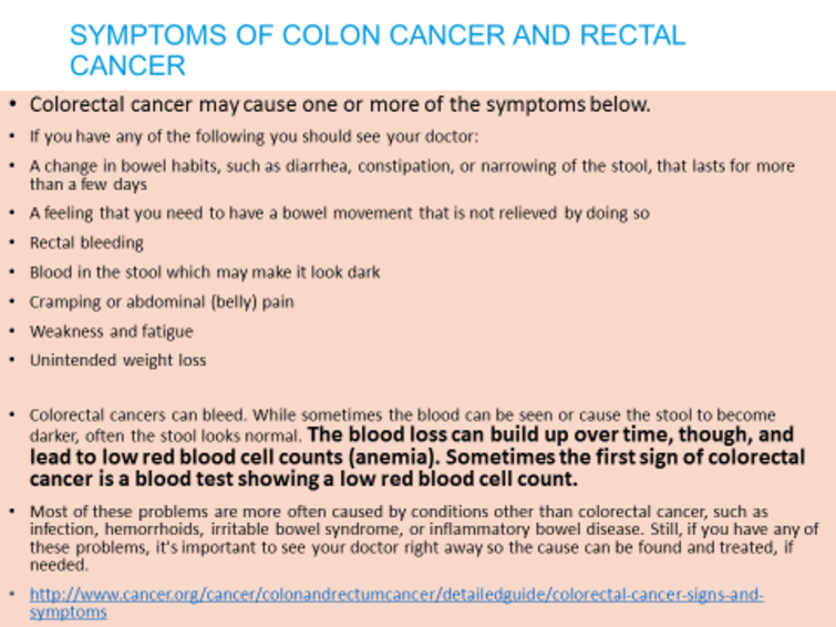 symptoms of colon cancer and rectal cancer